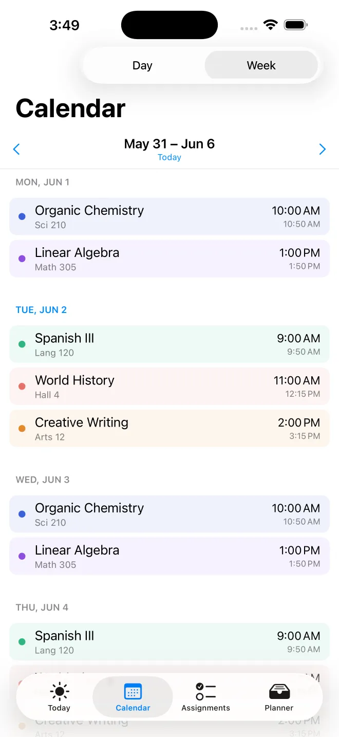Coursepad week agenda preloaded with a campus schedule